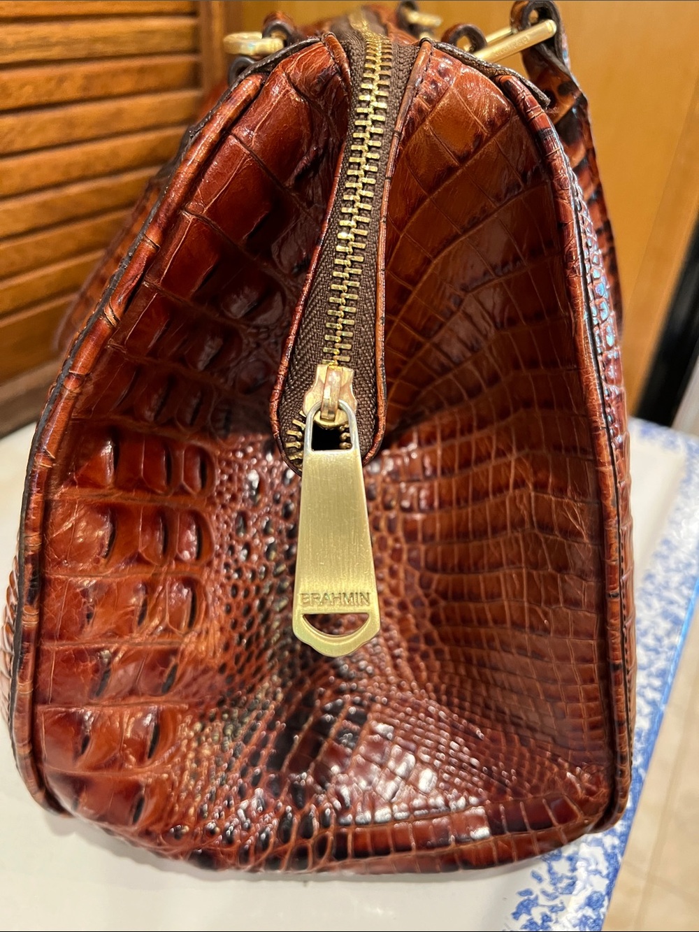 EUC Brahmin Satchel in Pecan Melbourne Croc Embossed Leather Luxury bag, purse - Picture 5 of 17